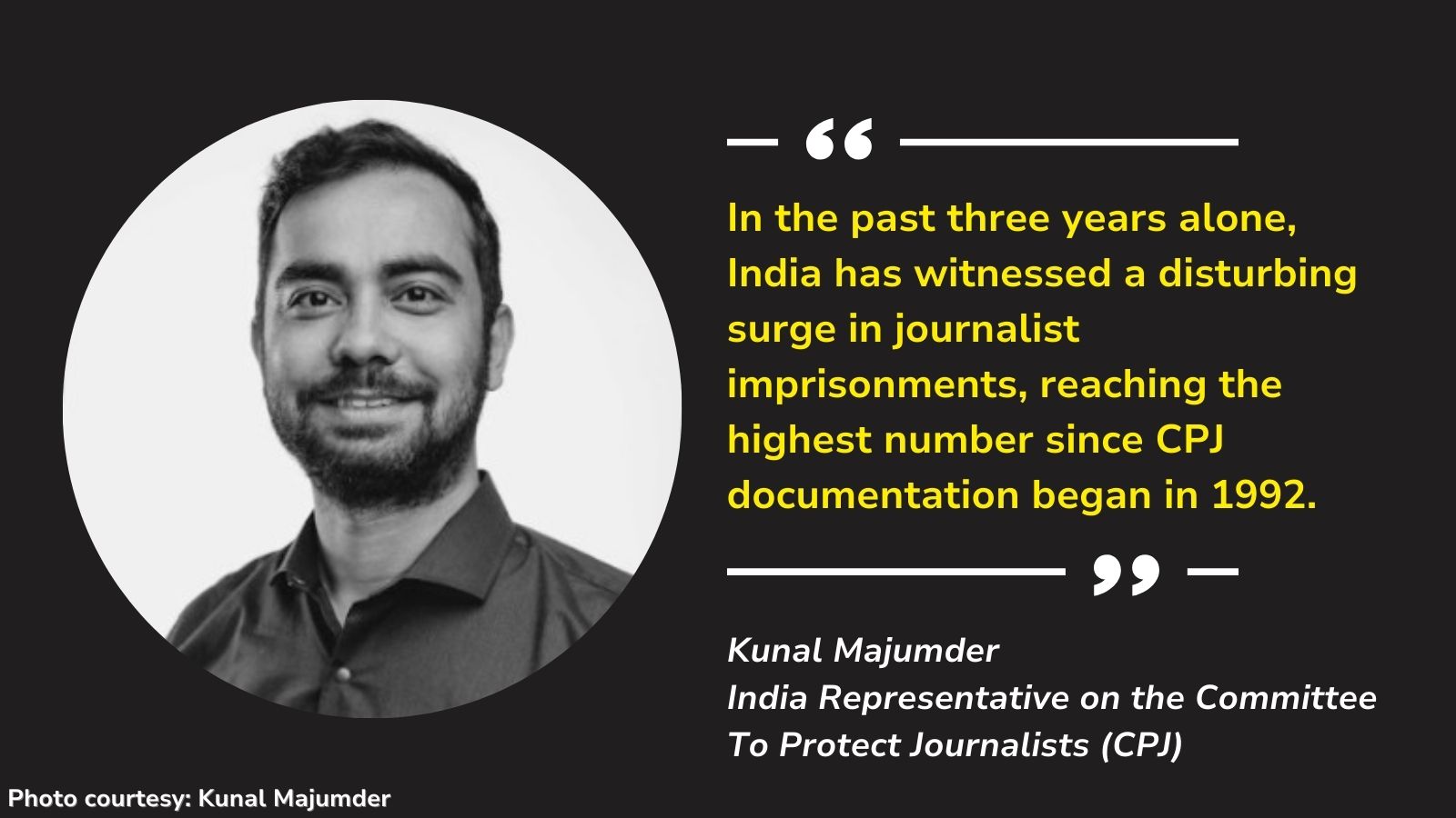 "In the past three years alone, India has witnessed a disturbing surge in journalist imprisonments, reaching the highest number since CPJ documentation began in 1992," says Kunal Majumder, India Representative on the Committee To Protect Journalists (CPJ).